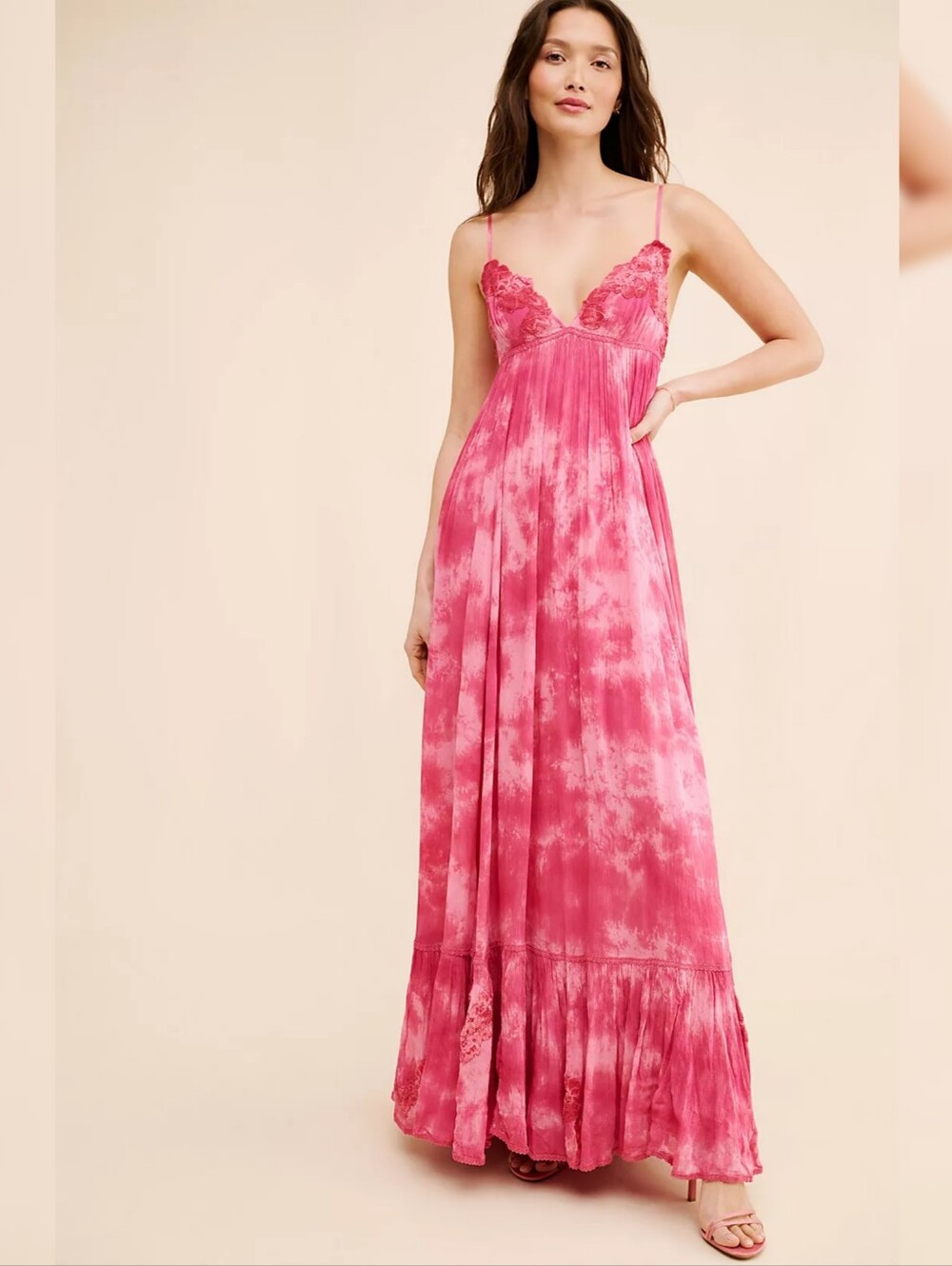 Free People Forever Fuschia Pink Tie-Dye Lace Trim Maxi Dress Women's